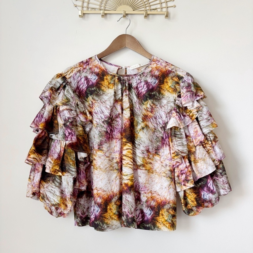 Marie Oliver Ferne Tie Dye Ruffle Sleeve Blouse XS Quiet Luxury